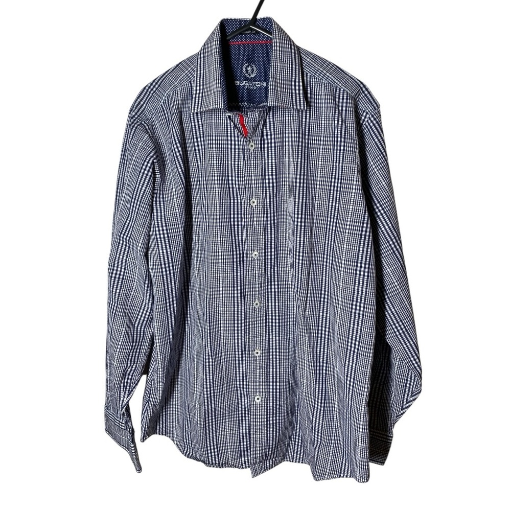 Men's Bugatchi Navy and White Plaid Button Down Shirt M